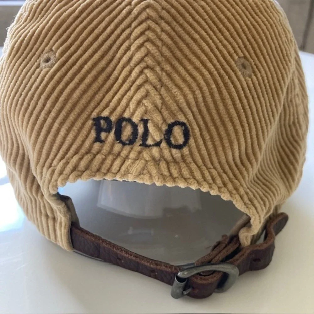 Vintage Polo Ralph Lauren Corduroy Tan Cap With Leather Strap